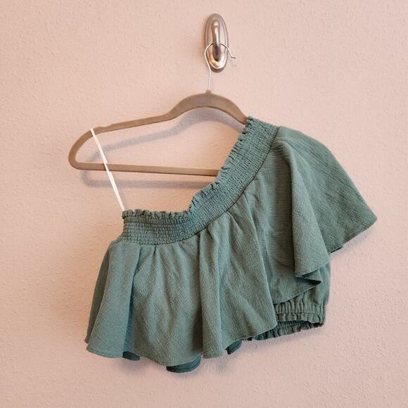 Free People Go For Drama Ruffled One Shoulder Green Top Size Small - Picture 7 of 8